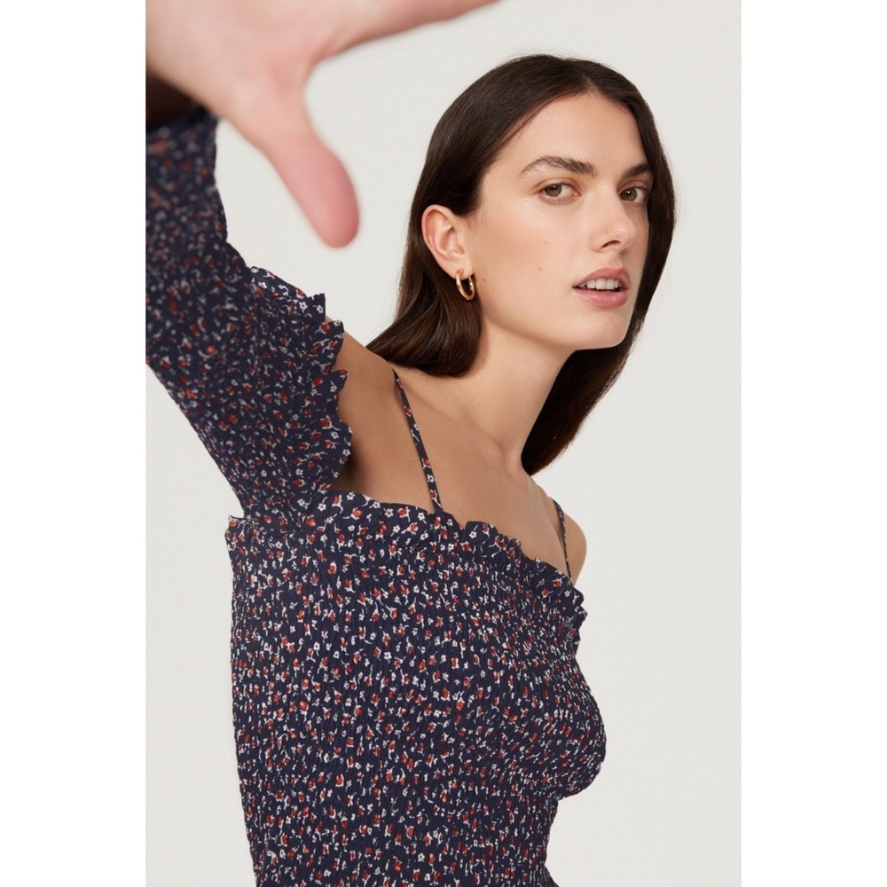 POLO RALPH LAUREN 90s Taupe Floral Square Neck Smocked Long Sleeve Ruffled Top S - Picture 4 of 10